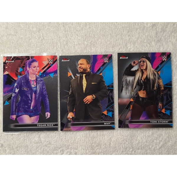 Lot of Three Near Mint 2021 Topps Finest WWE Trading Cards Featuring Tegan Nox, MVP & Toni Storm