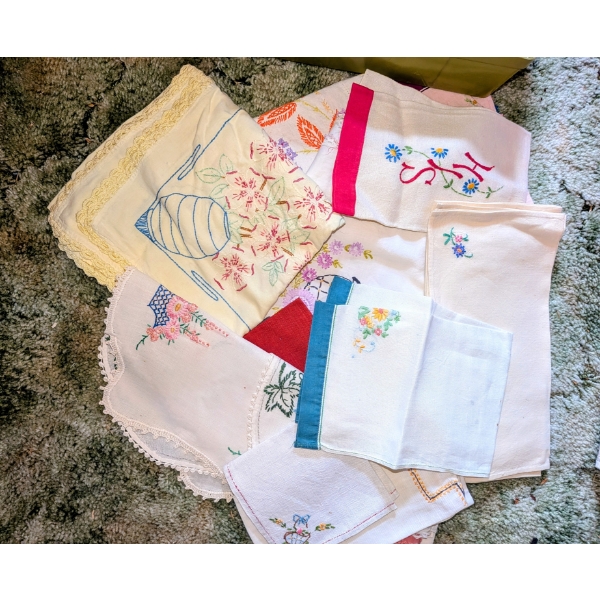Collection Of Beautiful Linen Napkins/Handkerchiefs In Storage Box