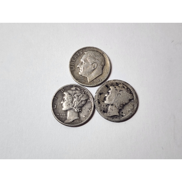 3 - United States 90% Silver Dimes Including Roosevelt and Mercury