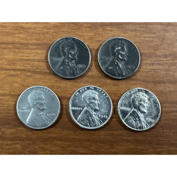 5 - 1943 United States Lincoln Steel Penny Pennies - Excellent Cents