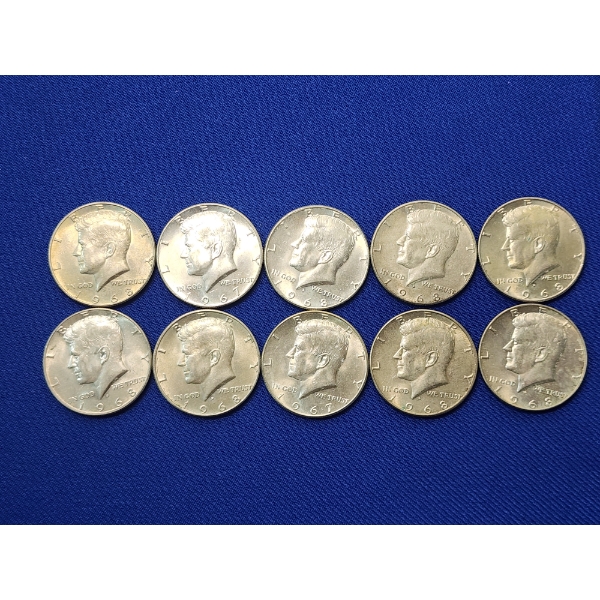 Lot of 10 Assorted Years 40% Silver Kennedy Half Dollars - Face Value: $5.00	