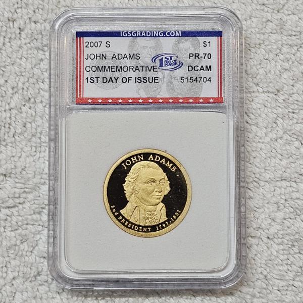 2007-S John Adams Presidential Dollar Coin, graded PR-70 (DCAM) by IGS Grading with CoA