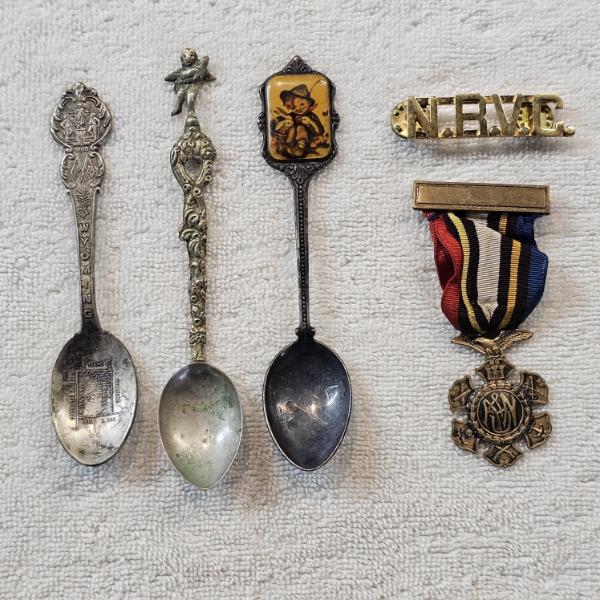 Collection of Antique and Vintage Military Items and Silver-Plated Souvenir Spoons