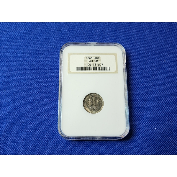 1865 Three-Cent Nickel NGC AU 58 - Nice Coin!