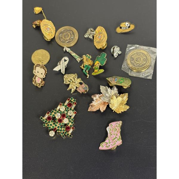 Assorted Pins & Tokens - Christmas Tree - Boot - Monkey - Leprechauns - Ohio Hat 