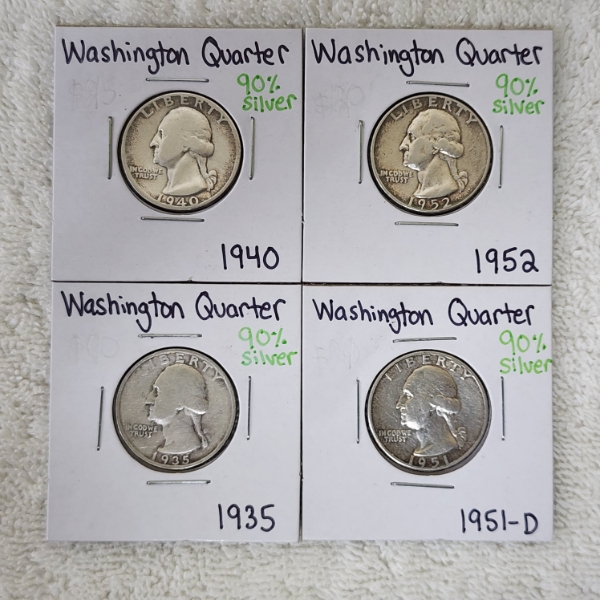 Four Assorted Years 90% SILVER Washington Quarters - Face Value: $1.00