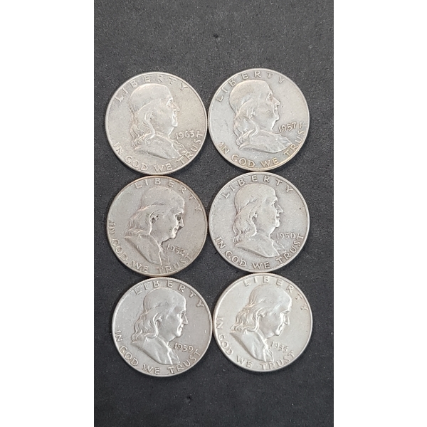 (6) Assorted Years/Mint Marks United States 90% Silver Franklin Half Dollars - Face Value: $3.00