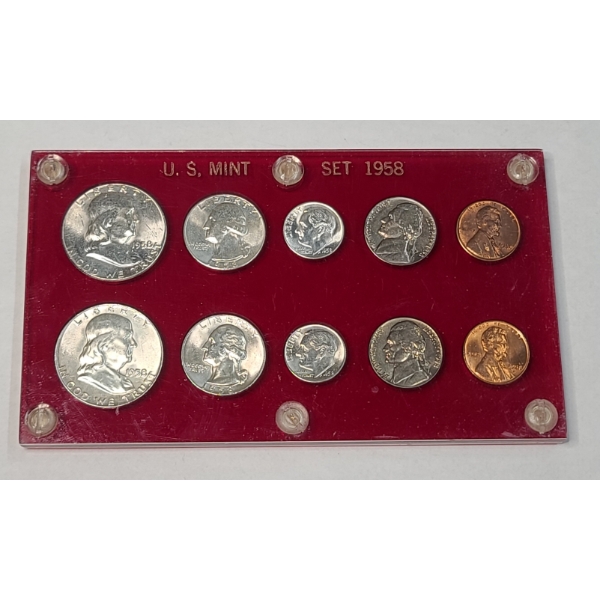 1958 U.S Mint Coin Set With 90% Silver In Acrylic Display