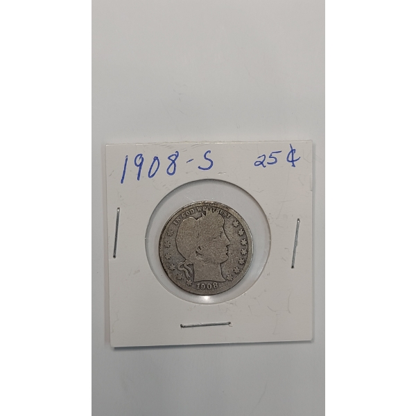 1908-S 90% Silver Barber Quarter