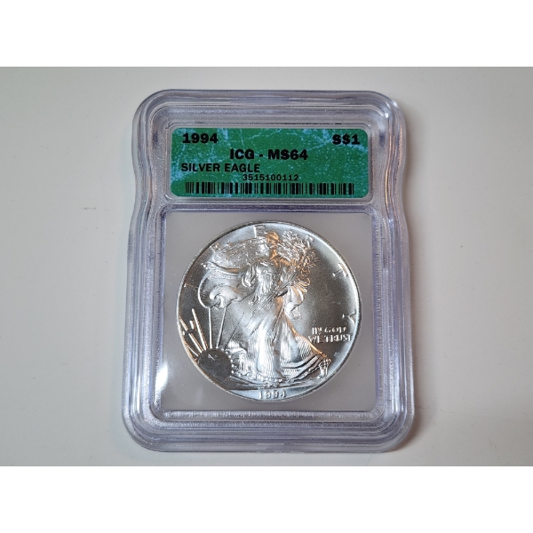 ICG Graded MS64 1994 American Silver Eagle - 1 oz .999 Fine Silver 
