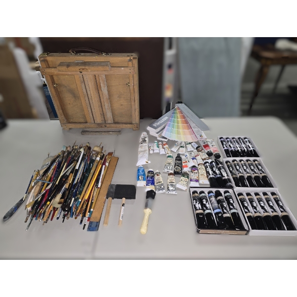 Large Lot of Oil Paint (New and Used) with Asstd Brushes and Travel Easel