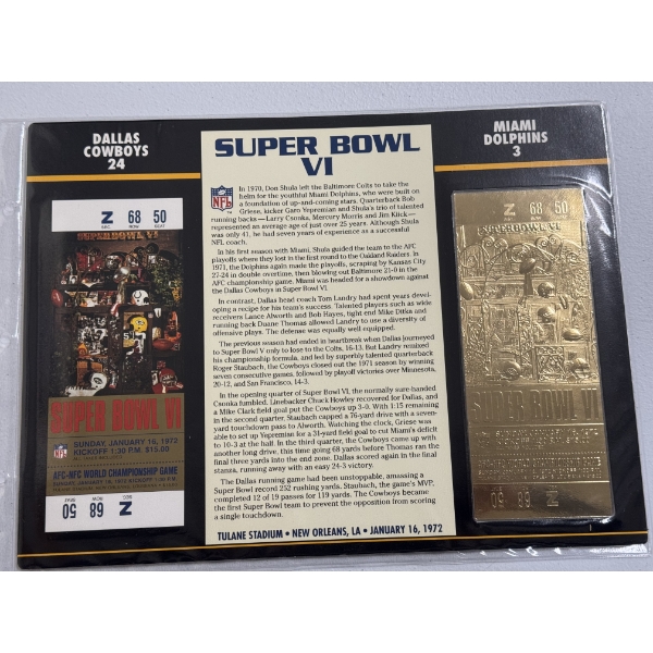 Authentic 1972 Super Bowl VI NFL Football Ticket & 24K Gold Plated Ticket - Mint Condition