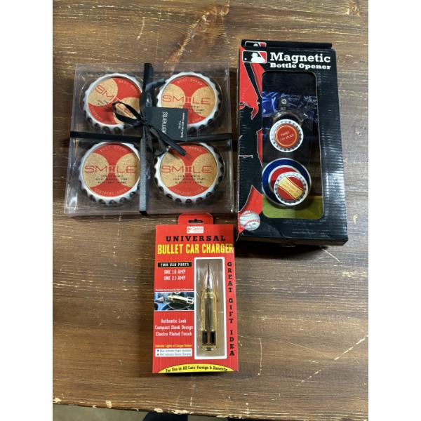 4 Coasters - Magnetic Bottle Opener Baseball - Bullet Car Charger