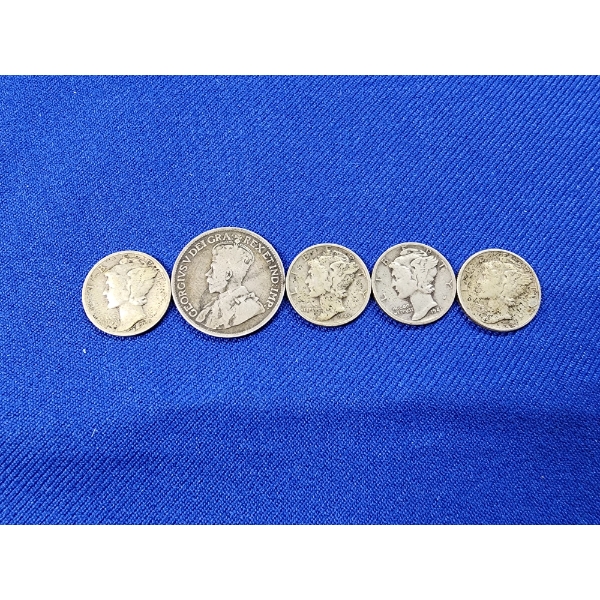 Silver Coins: 4- 90% Silver Liberty Dimes & 1-1918 Canadian 25 Cent 92.5% Silver Coin ASW: 0.1734oz
