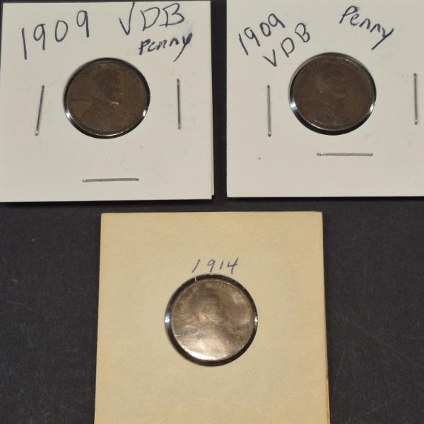 U.S. RARE COINAGE - TWO 1909 VDB & ONE 1914-P LINCOLN WHEAT CENTS - SEE PICS FOR CONDITION