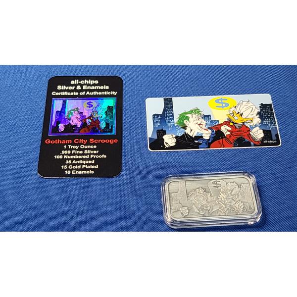 All-Chips 1 Troy Ounce .999 Fine Silver Bar With Antique Finish - Gotham City Scrooge