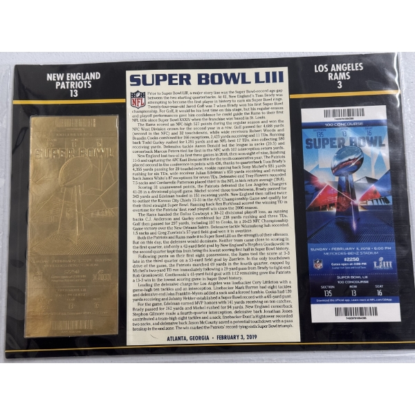 Authentic 2019 Super Bowl LIII NFL Football Ticket & 24K Gold Plated Ticket - Mint Condition