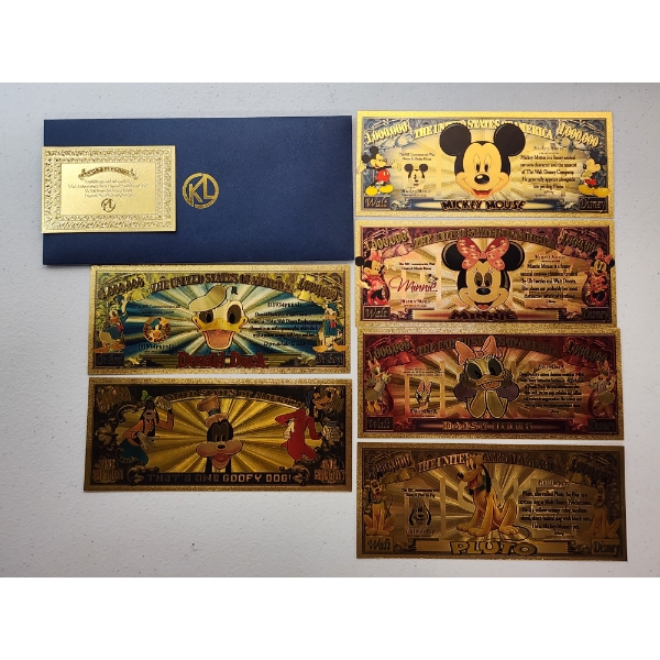 Novelty Collector's Set of Six Disney 24K Gold Foil Notes ft. Mickey Mouse and Friends 