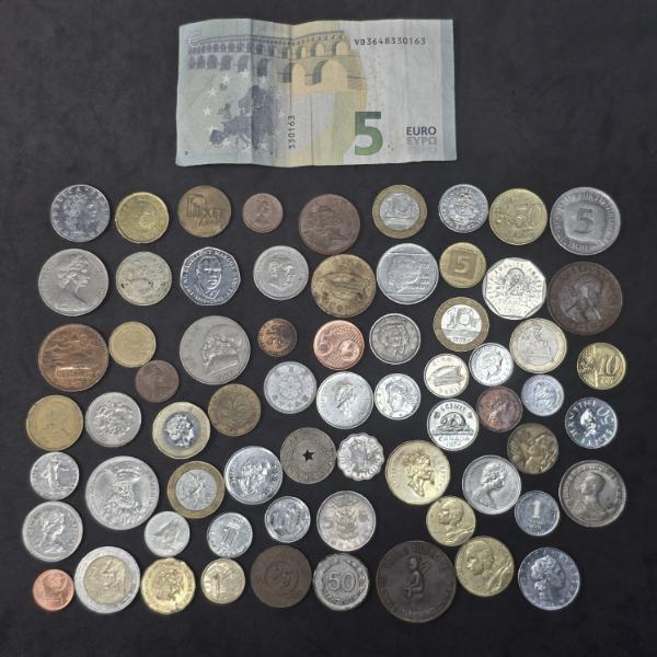 Large Lot of Foreign Coins, Bill and Tokens