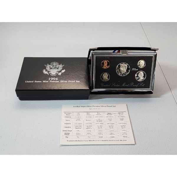 1994 United States Mint Premier Silver Proof Set with Display, Box, & CoA