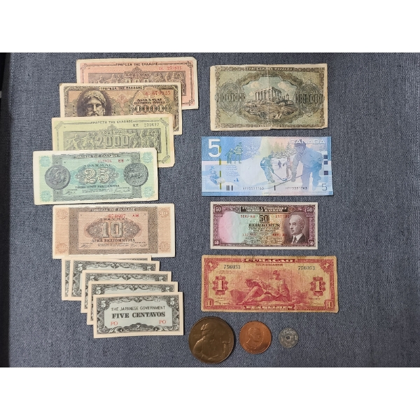 Large Lot of Assorted Foreign Paper Currency & 3 Assorted Medals/Tokens