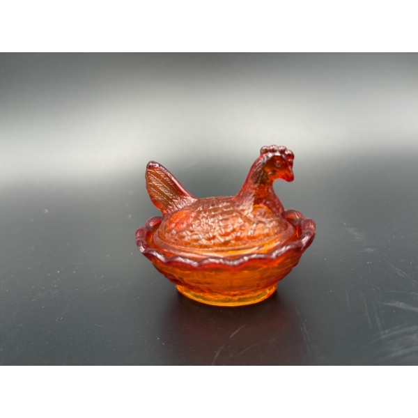 Degenhart Glass Hen on Nest - Orangish/Red color - ~2 inches 