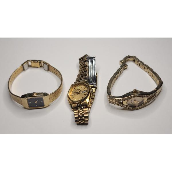  (3) Vintage Women's Gold-Tone Quartz Wristwatches - Seiko 2C20-6389, Seiko 7N83-0041 & Relic ZR3371