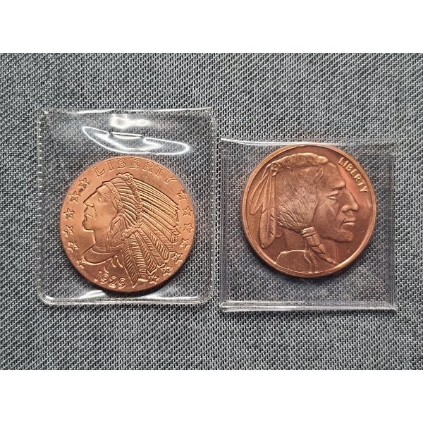 Lot of Two Copper One Ounce Rounds Ft. Indian/Buffalo & Indian/Eagle Designs