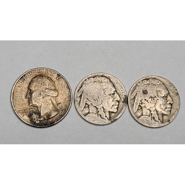 1964-D 90% Silver Washington Quarter & (2) Unknown Years Buffalo Nickels - Face Value: $0.35