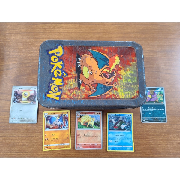 Vintage 90's Pokemon Charizard Tin With Many Pokemon Trading Cards Including Reverse Holos & Sleeves