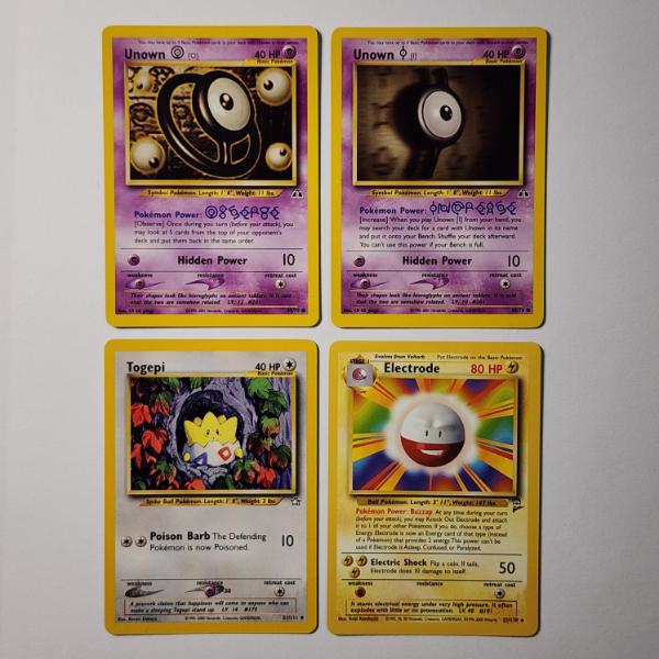 Four Assorted Vintage Pokemon Trading Cards Including Rare Electrode, Togepi & Unown Cards ~ All NM