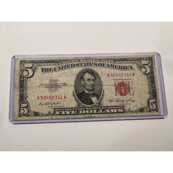 1953 United States Lincoln $5.00 Red Seal Bill - Great Note In Protective Holder