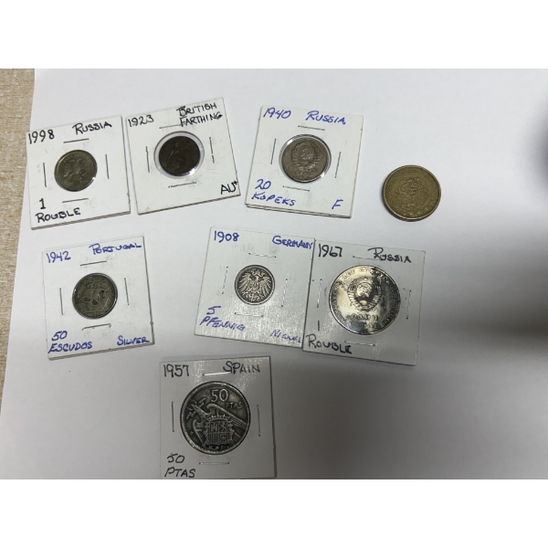 Assorted Foreign Coins - Russia - British Farthing - Portugal - Germany - Spain 