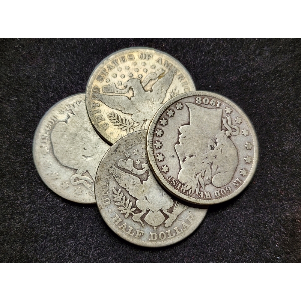 $2.00 Face Value in 90% Silver Barber Half Dollars - 4 Assorted Condition Coins