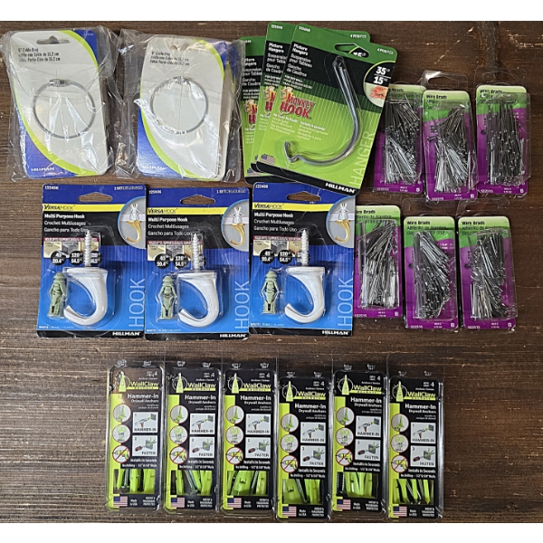 Lot of 6" Cable Rings, Monkey Hooks, Wire Brads, Lg White Hooks and Wall Claws