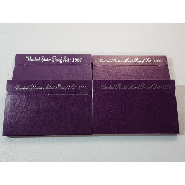 x4 United States Mint Proof Sets: 1987, 1988, 1989, 1990 in Original Packaging w/ CoA