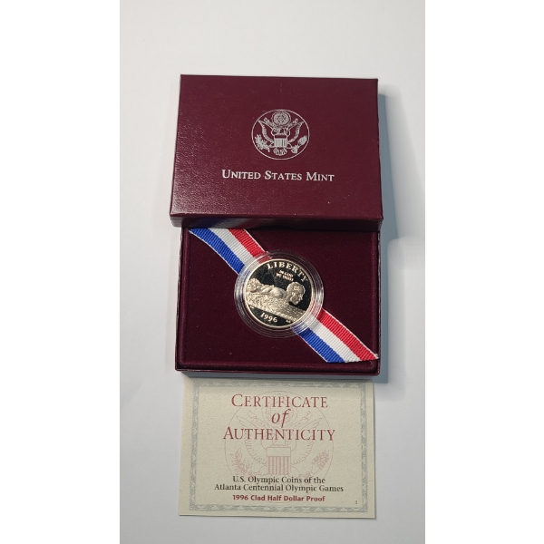 1996-S Atlanta Centennial Olympic Games Swimming Clad Half Proof Dollar In Original Packaging
