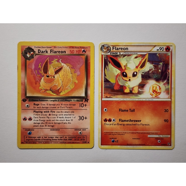 Two Vintage Flareon Pokemon Trading Cards - Dark Flareon 35/82 & Flareon 26/90