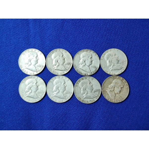 Lot of (8) 90% Silver Franklin Half Dollars - FV: $ 4.00