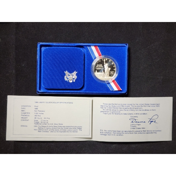 1986-S Ellis Island Liberty Silver Proof Dollar - 90% Silver - ASW: 0.86 TOZ - In Original Packaging