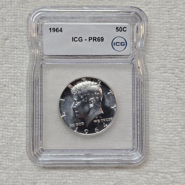 1964 90% Silver Kennedy Half Dollar graded PR69 by ICG