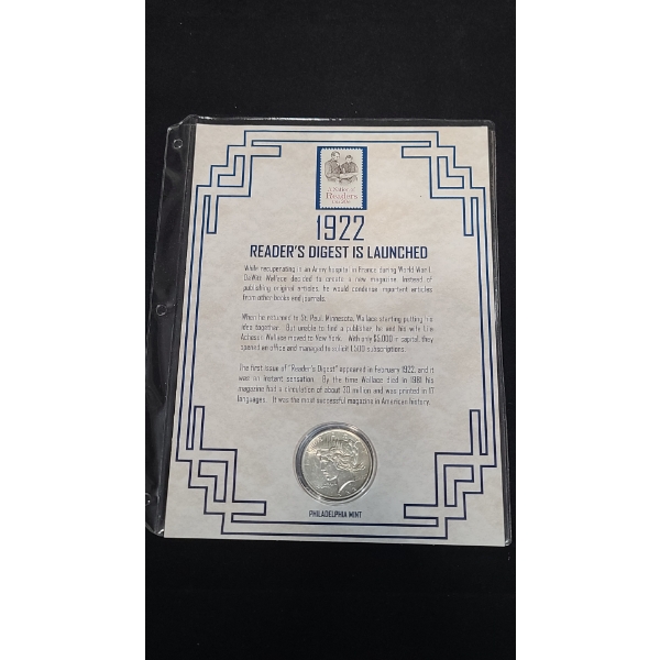 1922-P Silver Peace Dollar in First Commemorative Mint Display With Stamp