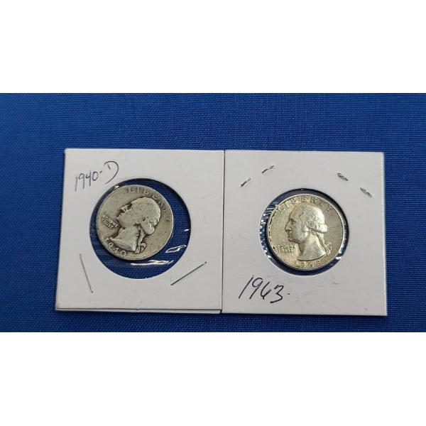 1940-D & 1963 90% Silver Washington Head Quarters - Face Value: $0.50