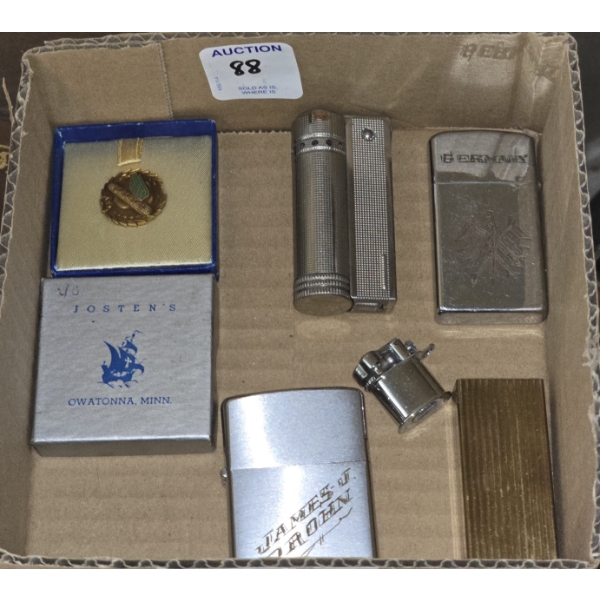 5 Assorted Lighters (2 Zippos) and a Corning 40 Year Employee Pin
