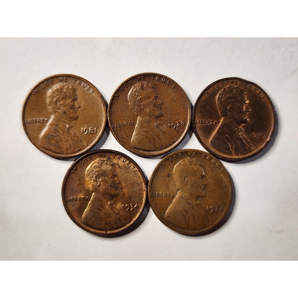 Five Assorted United States Pennies Ft. 4 Wheat & 1 Copper Lincoln ~ INCLUDES 1909 VDB!