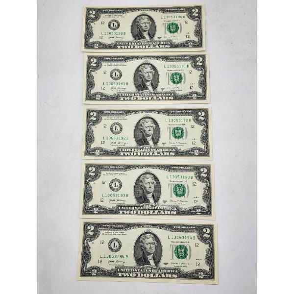 Lot of 5 Consecutive United States Series 2017 A $2 Bills SN: L13053190-L1305194