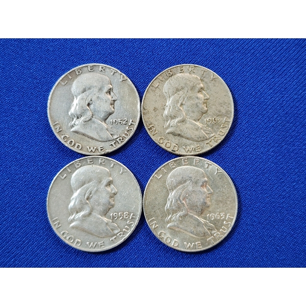 4 - 90 Silver Franklin Half Dollars: 1952-D, 1963-D, 1958-D, 1963-D