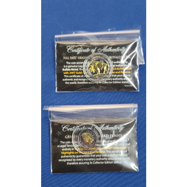 24KT Gold Obverse & Reverse Black Ruthenium Edition Full Date Buffalo Nickel & Indian Head Penny