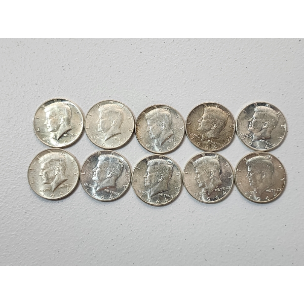 x10 1964 90% Silver Kennedy Half Dollars Face Value $5.00