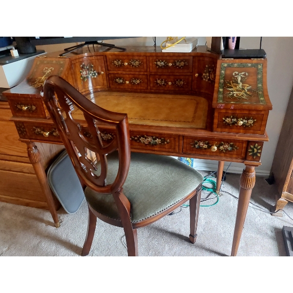 Unique Fantastic Example! - Ladies Personal Secretary Desk  & Chair - Hand Painted - Inlay - Leather